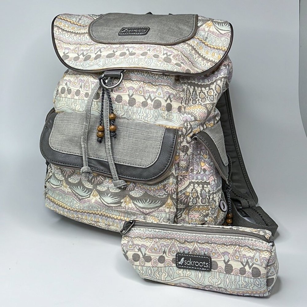 Sakroots Peace Backpack Multicolor Pockets Pencil/Make-Up Purse Bohemian Sz L